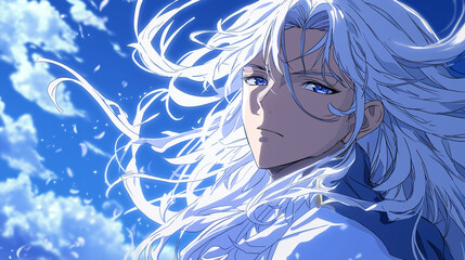 Anime character with flowing hair in the wind