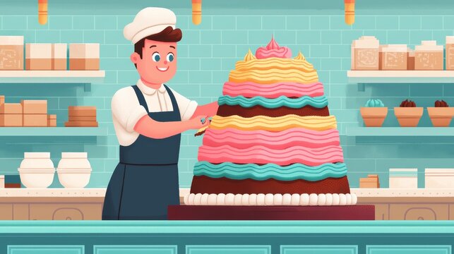 A pixel art cartoon baker decorating a giant cake with colorful frosting in a whimsical bakery