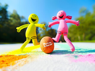 Two small figures of a boy and a girl are playing with a soccer ball in a park. On the ball is written "Back to school".