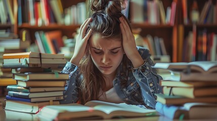 Portrait of tired female student sitting at table and reading book in library
