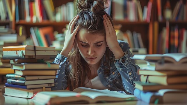 Portrait of tired female student sitting at table and reading book in library