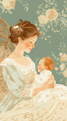 Maria and newborn Jesus Christ, colorful pastel illustration, biblical scene. Madonna and Child