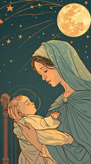 Maria and newborn Jesus Christ, colorful pastel illustration, biblical scene. Madonna and Child