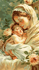 Maria and newborn Jesus Christ, colorful pastel illustration, biblical scene. Madonna and Child