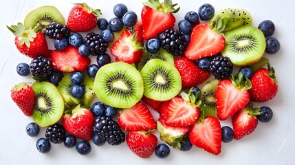 Obraz premium A beautifully arranged assortment of colorful fruits like kiwi, strawberries, and blueberries on a white background, creating a vibrant and visually appealing display of healthy food