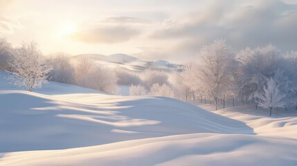 A tranquil winter scene featuring a snow-covered landscape, with rolling hills blanketed in pristine white snow,