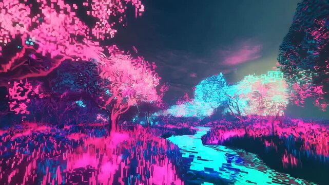 Abstract digital landscape background. Glitch, distortions and pixelization effect. Glitchy forest scenery with glowing trees. Cyberpunk aesthetics. Retro, retrowave, synthwave