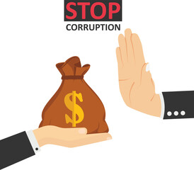 stop corruption concept businessman hand refusing corruption money, vector illustration

