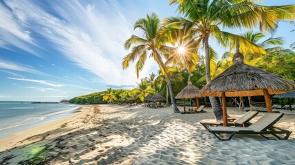 Obraz premium A tropical beach with a traditional thatched-roof hut, sun loungers on the sand, and palm trees providing shade, perfect for a relaxing day.