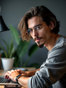 photo portrait of a young man, graphic designer working on a laptop, young man, face similar to johny depp, no beard, no moustache, shoulder length brown hair, aviator transparent glasses, photorealis