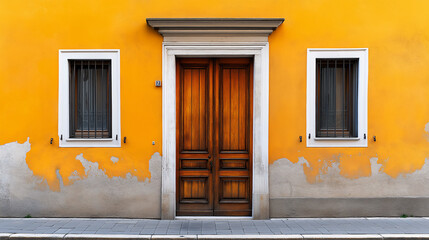 Front view of old wooden doors on yellow building in European city, texture background or wallpaper, copy space