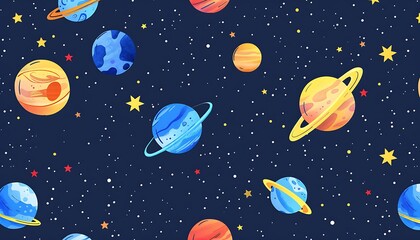 Seamless pattern with hand drawn planets. Space background