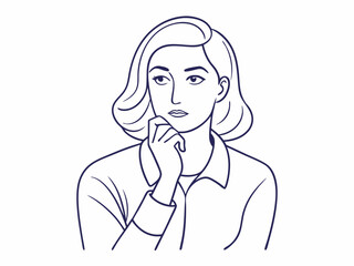continuous single line drawing of woman in skeptical post, hand on chin, line art vector illustration
