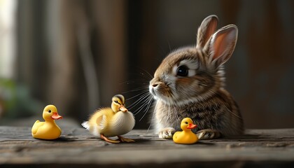 The cute little rabbit and two yellow little ducks show vitality and friendship against the warm...