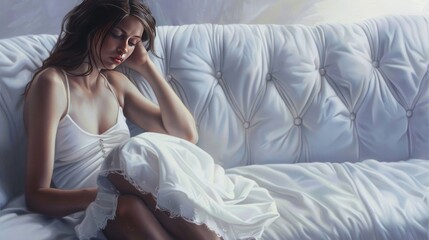 A Woman in White, Sitting Pensively on a Couch