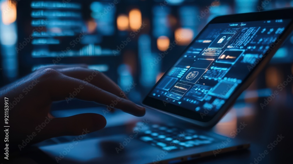 Poster a user secures their digital data with mobile and laptop devices equipped with high-level privacy se
