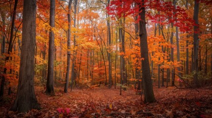 Obraz premium A vibrant autumn forest with leaves in varying shades of red, orange, and gold, creating a stunning display