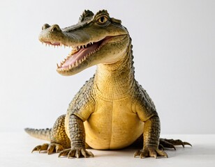 Naklejka premium A crocodile with a smiley face is sitting on a white background. The crocodile has a very cute and friendly expression. Ai generated image.