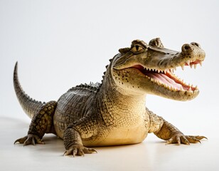 Naklejka premium A crocodile with a smiley face is sitting on a white background. The crocodile has a very cute and friendly expression. Ai generated image.