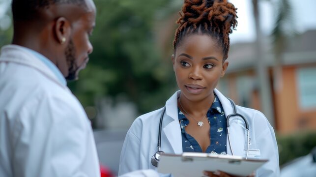 Two African American doctors discussed the patient's medical history, carefully analyzing the symptoms and treatment options, as they aimed to develop a comprehensive care plan tailored to the