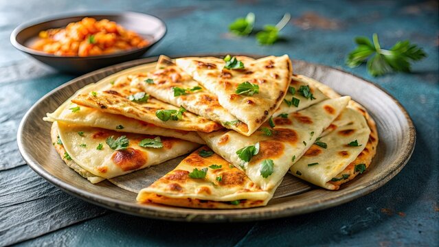 Cheese topped chicken paratha slices on a plate, food, dish, Indian cuisine, flatbread, savory, appetizer, culinary, delicious