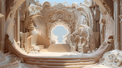 A large, white room with a staircase leading up to a doorway