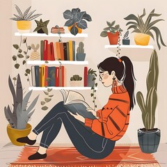 Woman Reading Book in Cozy Room with Plants and Bookshelves