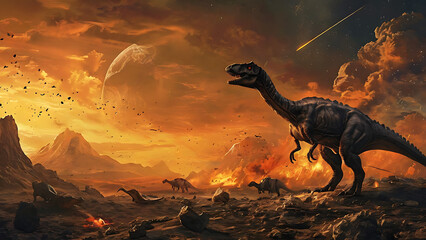 Extinction scenes with dinosaurs and meteorites

