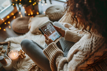 Person shopping online on a tablet, surrounded by cozy winter decorations and warm lighting