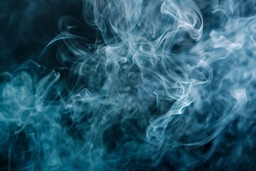Fototapeta premium Blue smoke swirls and drifts across a dark background, creating a moody and ethereal atmosphere with intricate patterns. With copy space for text