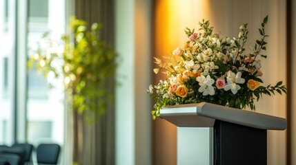 A podium with a sound system and flowers, set up in a stylish conference room, ready for a keynote speech or presentation.