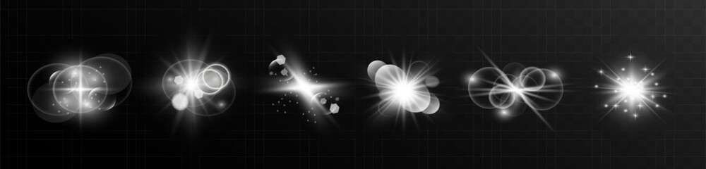 Glow isolated white transparent starlight effect set, lens flare, explosion, line, sun flash, glitter, spark and stars. Abstract special effect element design. Shine ray with lightning