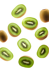 Fototapeta premium Flying falling kiwis isolated on transparent or white background