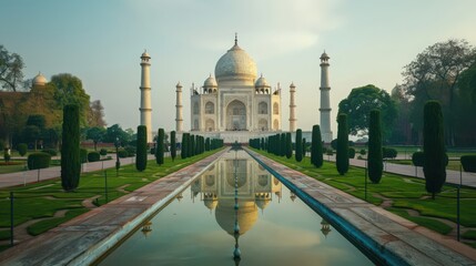 Obraz premium The Taj Mahal surrounded by its perfectly manicured gardens and reflecting pool