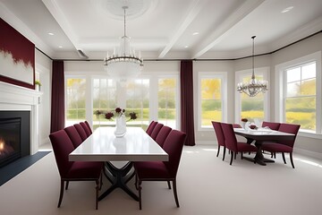 Rich dining hall with burgundy accents