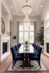 Elegant dining hall with blue accents and white furniture