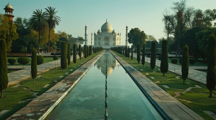 The Taj Mahal viewed from the edge of the reflecting pool, with the elegant marble architecture