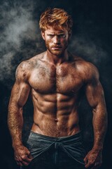 Fototapeta premium Fiery Intensity: Redhead warrior emerges from the smoke and dust, a portrait of raw power and determination. 