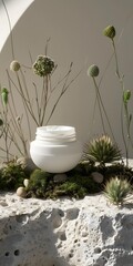 White Cream Jar with Flowers and Stones