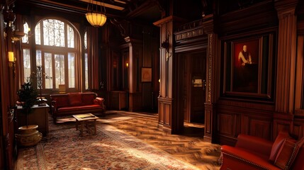 Fototapeta premium Vintage Wooden Room Interior With Red Sofa and Rug