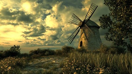 Fototapeta premium Stunning windmill in a meadow at sunset. Beautiful vintage windmill stands amidst wildflowers under dramatic skies. This picturesque landscape shows nature's serenity and timeless charm. AI