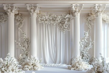 Elegant white wedding stage with Roman columns and floral arch decor