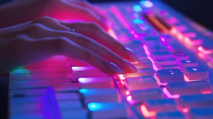 Close-up of Hands Typing on a Keyboard with Neon Lights