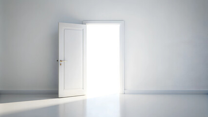 A simple, unadorned doorway in a white wall, leading into a bright, empty space.