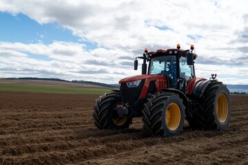 Obraz premium Red tractor working in a plowed field under a cloudy sky in early spring