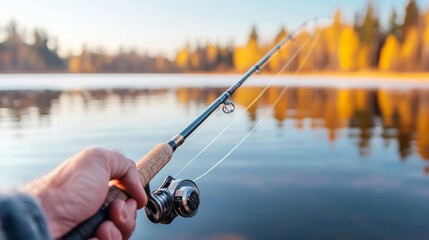 A close-up of a hand holding a fishing rod, with the line cast into a calm lake