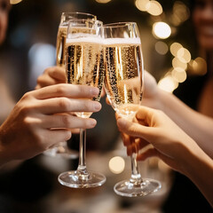  three hands raising champagne flutes in a toast. The glasses are filled with a sparkling ros&eacute; champagne, creating a celebratory atmosphere, a group of people raising their glasses in a celebratory
