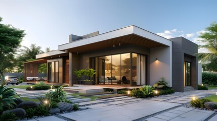 Fototapeta premium Modern House Exterior Design With A Beautiful Garden