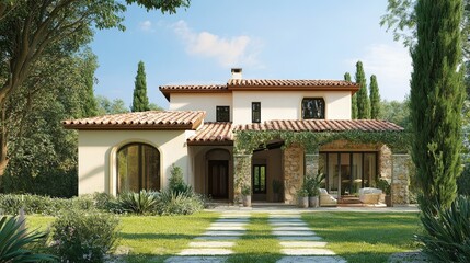 Obraz premium Mediterranean Villa with Stone Accents and Lush Greenery