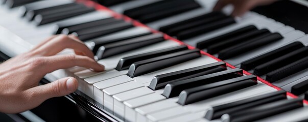 Fototapeta premium A close-up of a musician s fingers on the keys of a grand piano